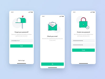 Forgot password application flat design green illustraion mobile steps ui ux white