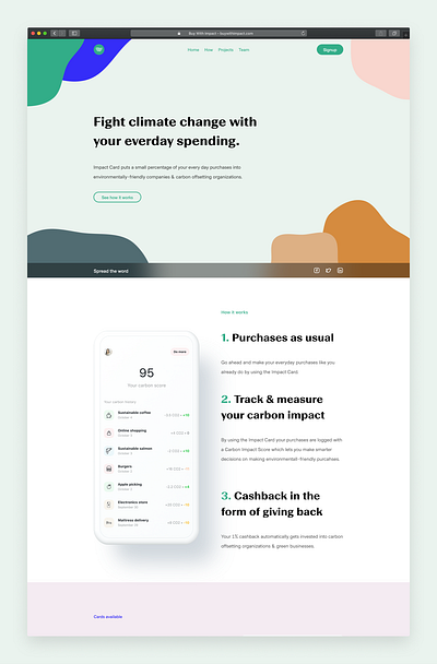 Buy with Impact app branding credit cards design environment environmental financial services fintech impact investing landing page marketing minimal purchasing ui website