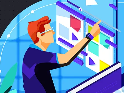 Grid 2d api character coworking geometric illustration vector