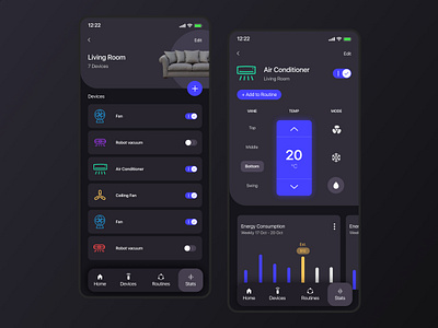 Smart Home App app bedroom clean console daily ui dark app dark theme dark ui dayliui design interface ios livingroom page regulator smart home smarthome ui ux