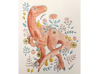 Floral velociraptor art dinosaur ink watercolor