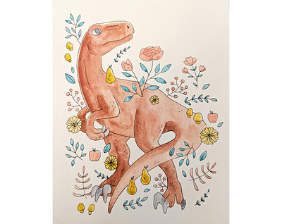 Floral velociraptor art dinosaur ink watercolor