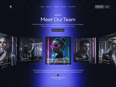 Meet Our Team - Landing Page Section 2d about us carousel futuristic gallery glow high tech highlight landing page levian light navbar neon product sci fi ui website