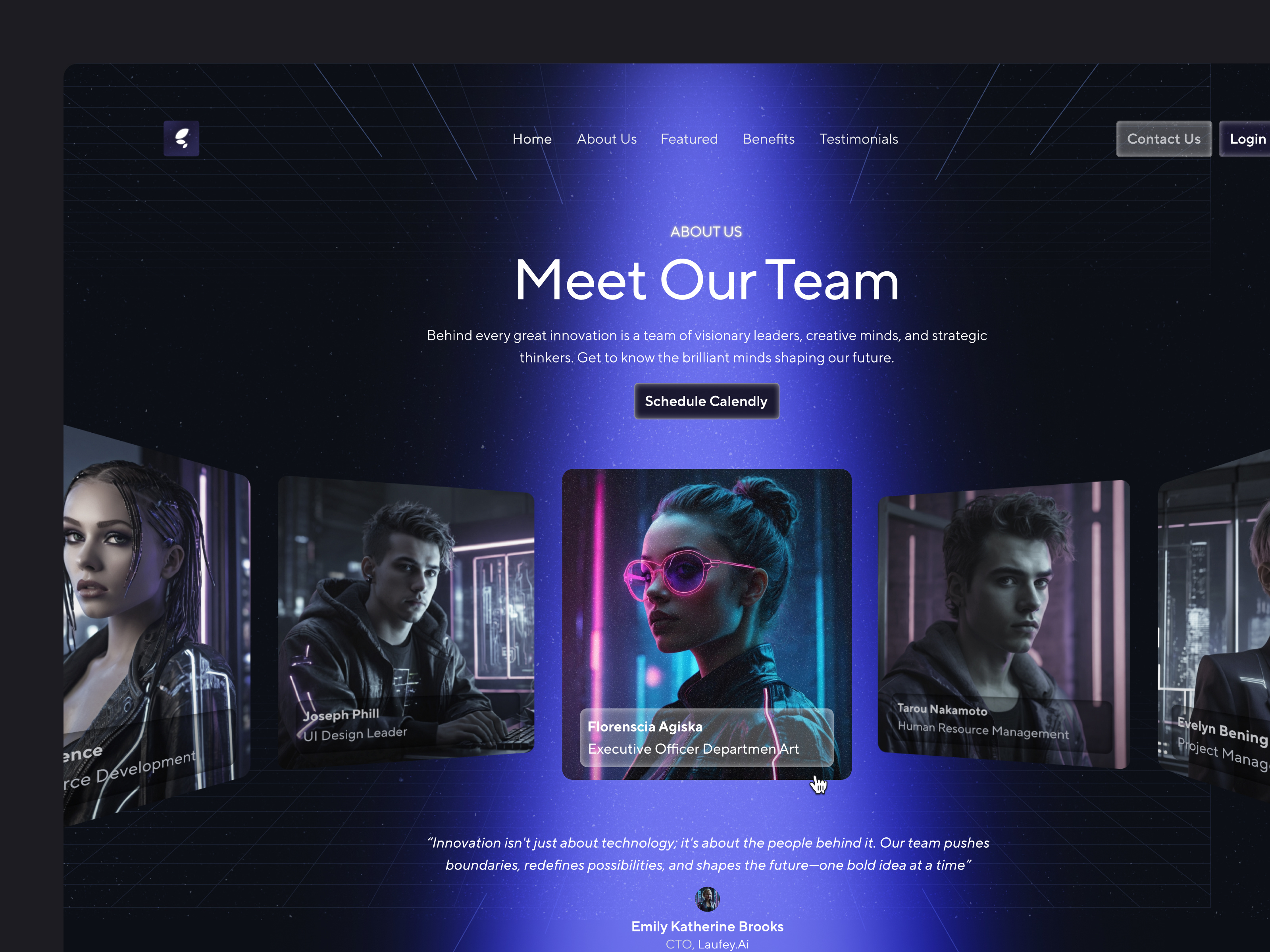 Meet Our Team - Landing Page Section 2d about us carousel futuristic gallery glow high tech highlight landing page levian light navbar neon product sci fi ui website