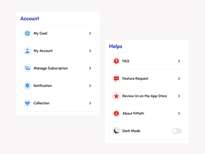 Fitpath - Settings accordion app color component design fitness fitpath gym healthy icon kit minimalist mobile modern settings stack ui workout