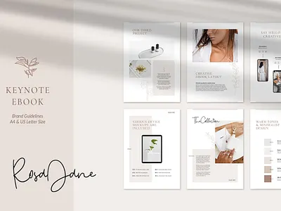 Keynote eBook Brand Guidelines – Rosa Jane brand branding clean design ebook ecourse femele feminine guidelines keynote keynote presentation manual pitch pitchdeck presentation project proposal simple template vertical