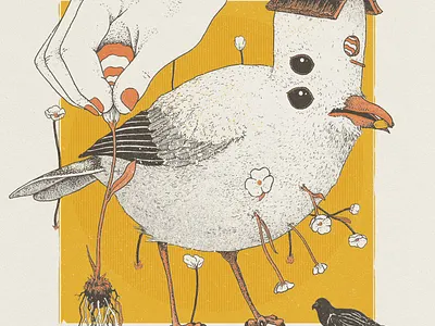 Birdhouse bird drawing flowers illustration ink poster texture wip