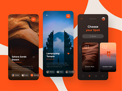 Spotter - Travel App android app clean clear concept figma mobile nature orange places spots travel trip ui ux vocation