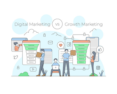 Digital Marketing vs Growth Marketing 2d design illustration ilustracion marketing minimalist vector