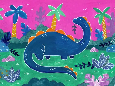 Pink sky bronto art dinosaur gouache painting