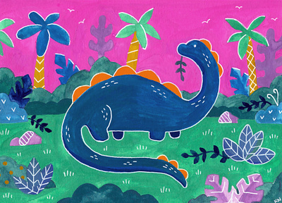 Pink sky bronto art dinosaur gouache painting