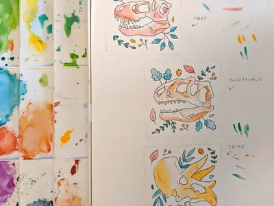 Watercolor skulls art dinosaur floral ink watercolor