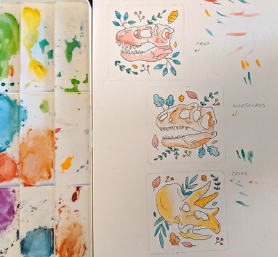 Watercolor skulls art dinosaur floral ink watercolor
