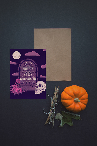Resurrected Ex bouquet floral flowers grave greeting card halloween handlettering headstone illustration lettering roses skull type typography