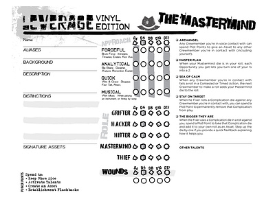 Charactersheet: Leverage (Vinyl Edition) character sheet forms layout typography