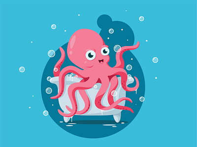 Octopus In The Bathroom adobe illustrator bathroom blue bubbles coral design flat icon illustration illustrator minimal octopus vector