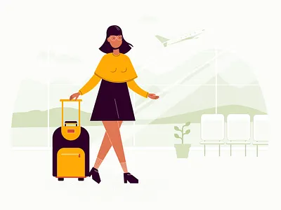 Airport airplane airport case flat girl graphics illustration orange plane suitcase tourism tourist travel traveler traveling travelling vacation voyage woman yellow