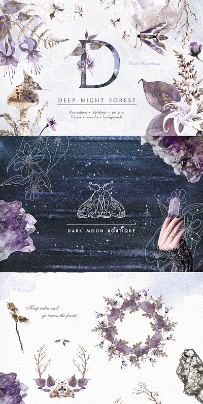 Deep Night Forest graphic kit. background clipart deep design elements floral forest forest graphic forest graphic kit graphic design graphic kit graphics graphics collection graphics kit illustration modern mushroom night vector watercolor