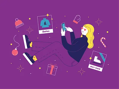 Flash Sales ads buy christmas digital ecommerce fashion flash floating girl holiday illustration phone purple sales shop shopping smartphone turtleneck vector winter