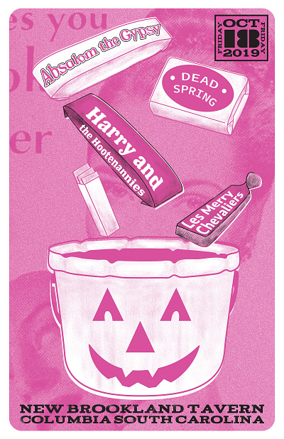 Halloween Hootenanny bucket candy eyes flyer gig poster halloween jackolantern mask photoshop pink pumpkin sugar daddy