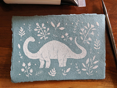 Bronto print art brontosaurus dinosaur floral ink painted screen printing