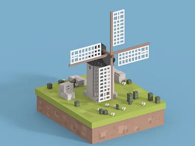 Windmill 3d artist cubic design green isometric lowpoly magicavoxel nature old pastel pixels voxel voxelart windmill