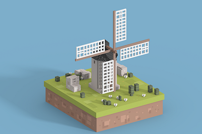 Windmill 3d artist cubic design green isometric lowpoly magicavoxel nature old pastel pixels voxel voxelart windmill