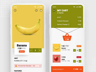 Grocery App Product Details and Cart Screen UI android cart clean design fruits grocery grocery online grocery store ios mockups productdetails products ui userinterfacedesign