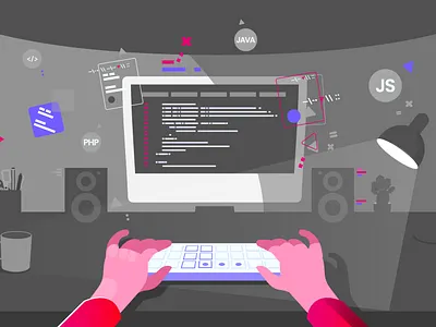 Programmer 2d art app character coder design illustration illustration ux ui programmer programming ui ux vector web working workstation