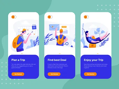 On boarding screens for Online Booking Travel app airplane airport backpack bag booking map plan summer tour tourist travel trip vacation