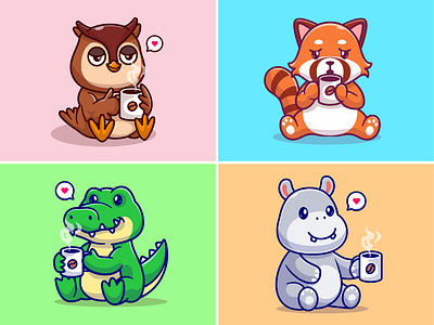 Animals coffee☕🦉🦝🐊 animals breakfast character coffee crocodile cup cute drink eating food hot drink icon illustration logo mascot owl reptile