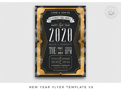 New Year Flyer Template V8 art deco black black and gold celebration classy design elegant flyer gold new year new year 2020 new year eve new year party new years photoshop poster print psd template typographic