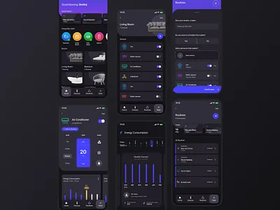 Smart Home App app app design application bedroom clean daily ui dark app dark theme design flat interface routine shedule smart home smarthome ui ux