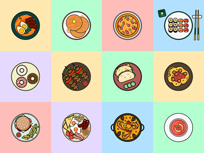 Food 100dayproject 100daysofillustrationrp branding burger chips design donuts food app icon illustration kebabs logo meatballs pancakes pizza ramen spaghetti sushi taco vector