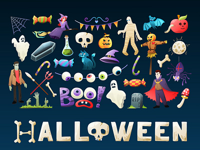 Happy halloween! bones boo cat character design eyeball frankenstein halloween illustration jack mummy poison pumpkin set skull spider spooky trick or treat vampire witch zombie