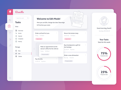 Vanilla Dashboard dashboard design edit flat illustration inspiration modern sketch task tasks ui ux vanilla vector web