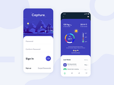 Capture App air pollution app app design carbon carbon fiber carbon footprint clean climate change co2 environment pollution flat global warming login minimal natural sign in sign up