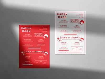 Happy Daze branding burger cartoon character menu menu design red restaurant
