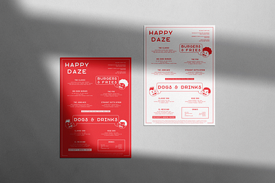 Happy Daze branding burger cartoon character menu menu design red restaurant