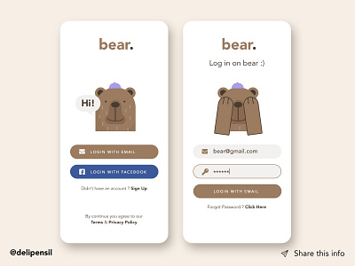 Exploration Login UI Mobile App app bear email facebook illustration login mobile mobile app mobile ui password signup ui uiux ux