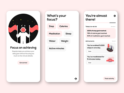 StepUp - healthcare app achievement activity tracker adobe xd android card clean colors health healthcare interface ios material design 2 meditation minimal mobile sleep ui ux undraw white