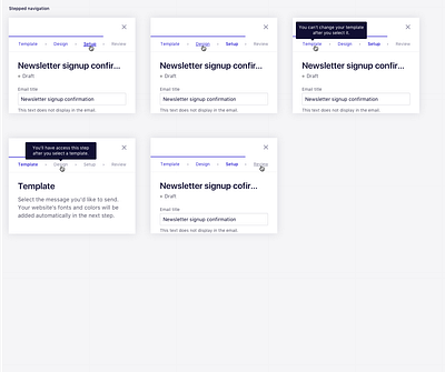 Stepped navigation for an email marketing tool bar editor email builder email campaign email creation experience email marketing navigation bar stepped navigation stepped progress bar tab ui ux web ux wizard experience