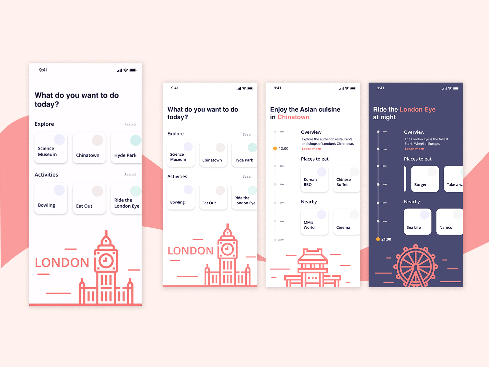 London day trip app design flat illustration rebound ux