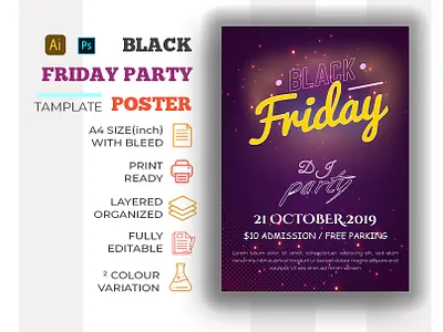 Black Friday Party Poster advert advertisement banner banners birthday party black black friday black friday sale campaign card christmas christmas sale club party cyber monday sale discount flyer friday neon light new year