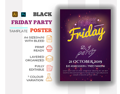 Black Friday Party Poster advert advertisement banner banners birthday party black black friday black friday sale campaign card christmas christmas sale club party cyber monday sale discount flyer friday neon light new year