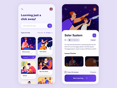 Kids Learning App UI Design 2019 design trend app design ed tech education education app kids app learning app popular popular design popular trending graphics purple ui design ux design violet visual design