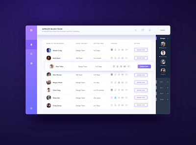 Team Manager Dashboard availability card design company dashboard design gradients ios design light theme list view manager profiles purple resources tasks teams