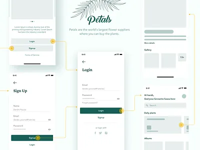 Petals app buy eco ecofriendly flow green login logo mobile plant planting plants profile purchase shop signup swipe ui wireframe