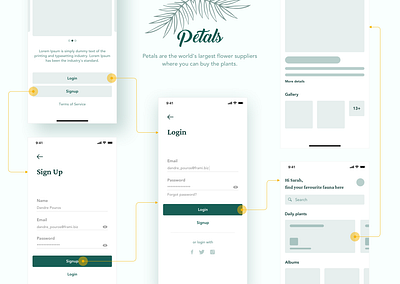 Petals app buy eco ecofriendly flow green login logo mobile plant planting plants profile purchase shop signup swipe ui wireframe