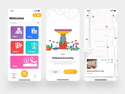 Funcity - amusement/theme park app + 1 dribble invite giveaway clean coins illustration ios login map map view menu card ronak chhatwal theme park tiles ui ux wallet